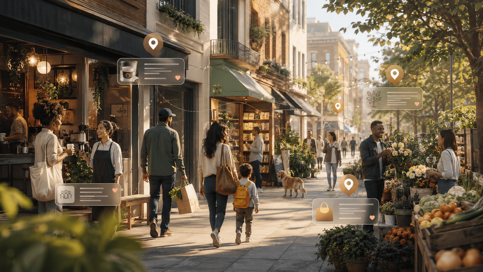 A lively local street: neighbors greeting shopkeepers, a family walking past a bookshop, flower stalls in the evening light