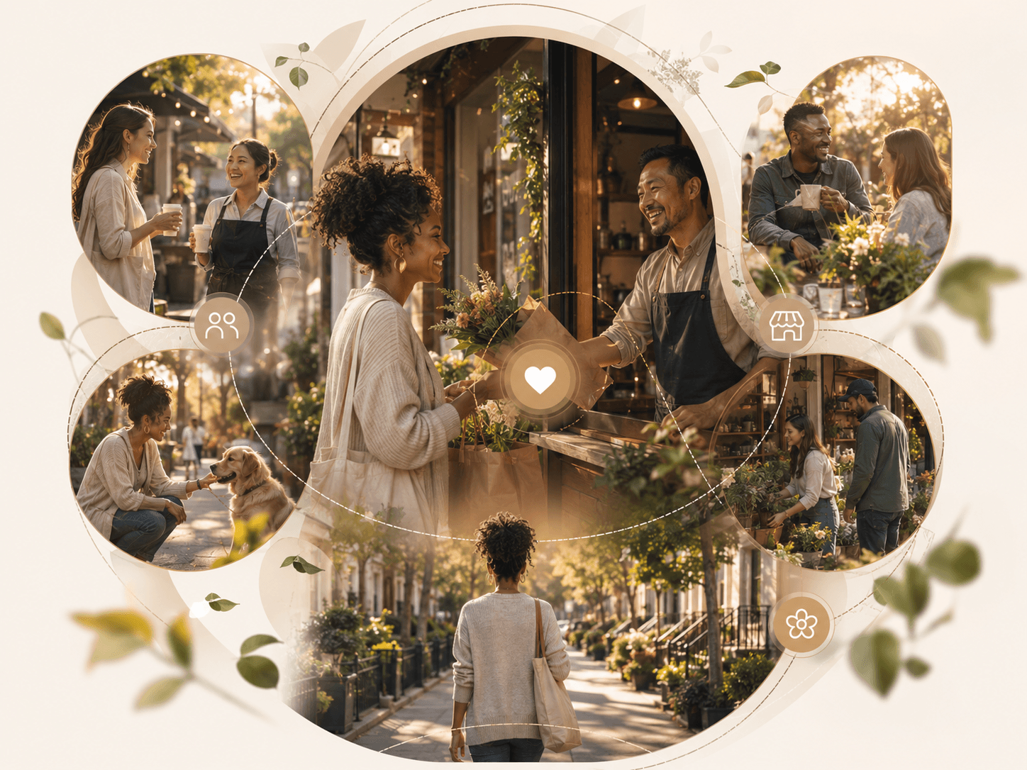 A collage of everyday local moments connected in a warm circle