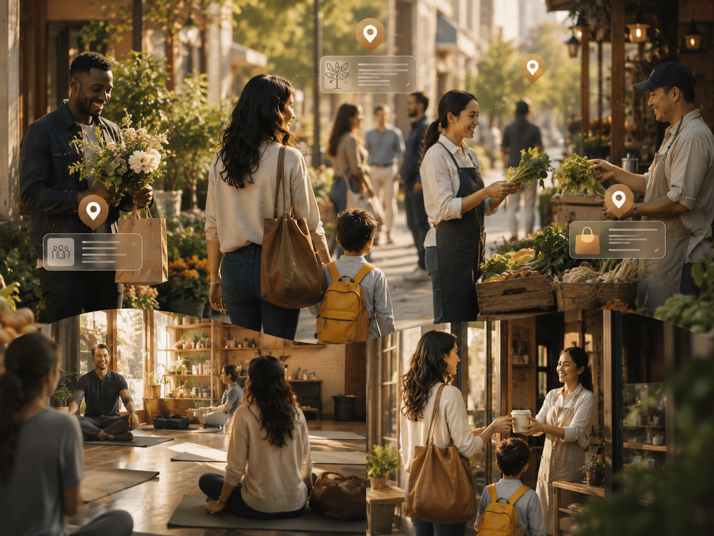 Neighbors shopping at a market, taking a class, and picking up coffee