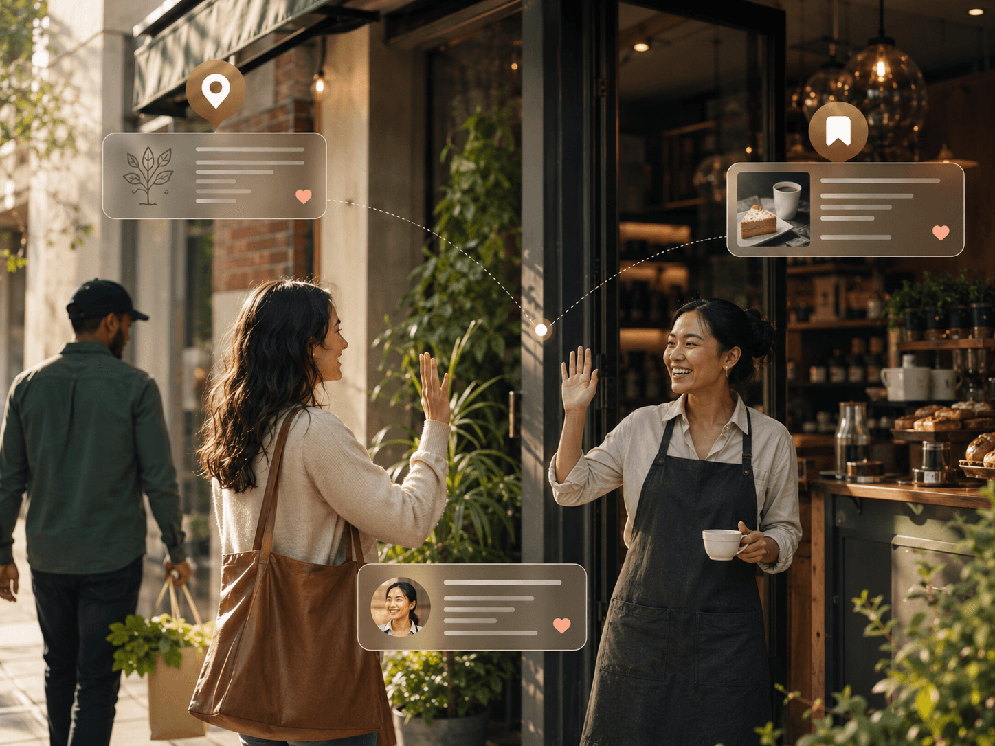 A café owner and a regular greeting each other warmly at the door