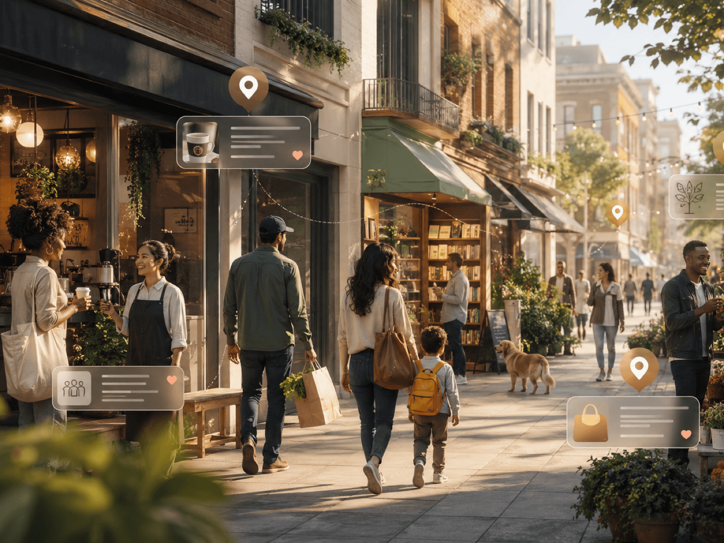 A sunlit neighborhood street of small shops and people out walking
